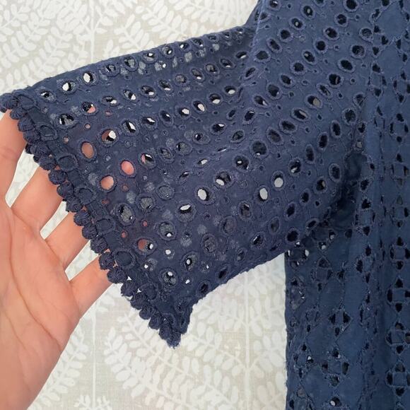 LOFT Cotton Navy Short Sleeve Eyelet Shirt/Top/Blouse with Pom Pom Trim, L - Picture 3 of 8
